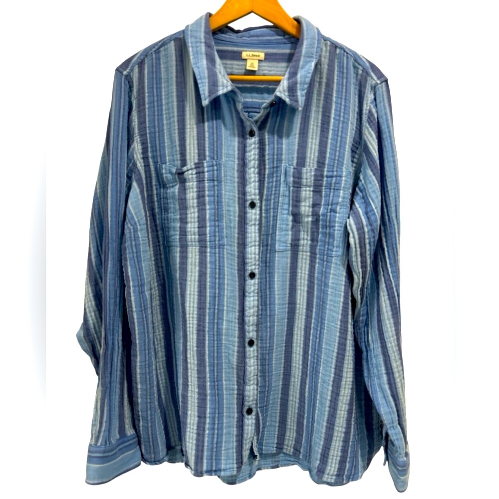 L.L. Bean Women's Blue and White Striped Button-Down Shirt